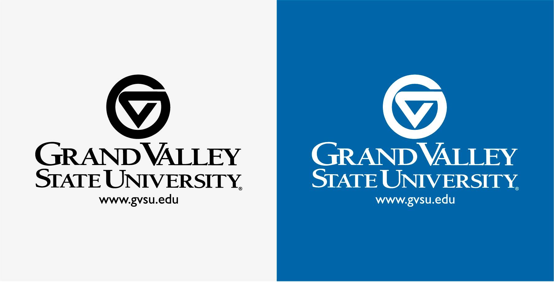 A white Grand Valley logo against a dark blue background and a black Grand Valley logo against a light grey background.
